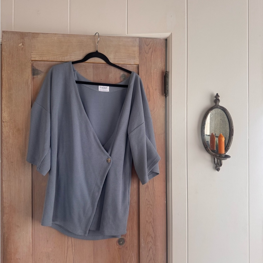 Sabo Ribbed Wrap Top in Slate Gray-Blue